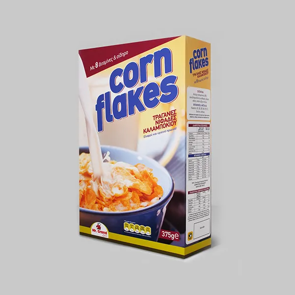 Corn flakes box with fresh and crispy cereal